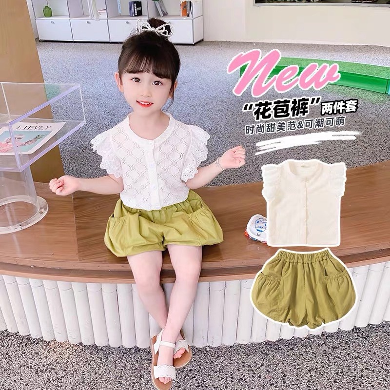 Bộ Áo Ren Tay Bay + Quần Bí Ngô Dễ Thương Thời Trang Mùa Hè Phong Cách Hàn Quốc Cho Bé Gái