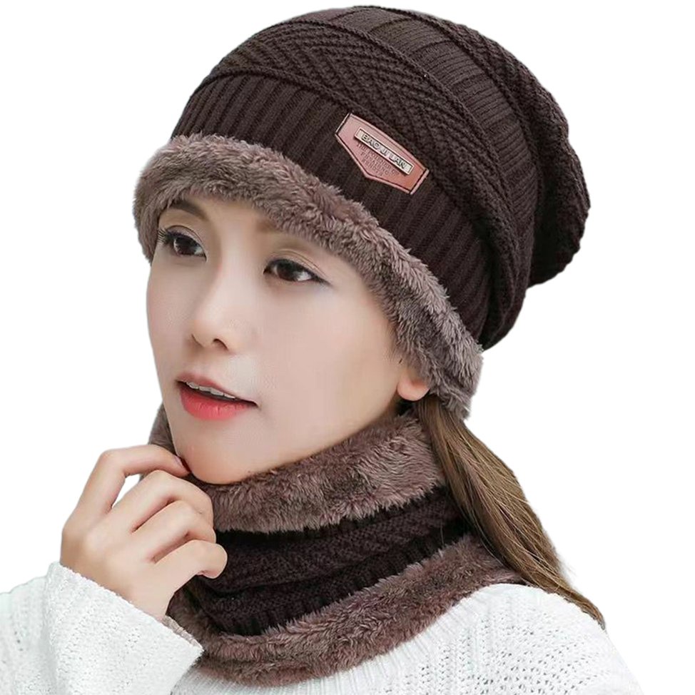 2pcs Winter Beanie Hat For Men Women Fleece Scarf Knitted Hat Warm Cap