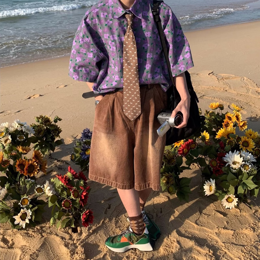 Áo Sơ Mi Hoa Tím Ngắn Tay Dáng Rộng Thời Trang Retro Nhật Bản