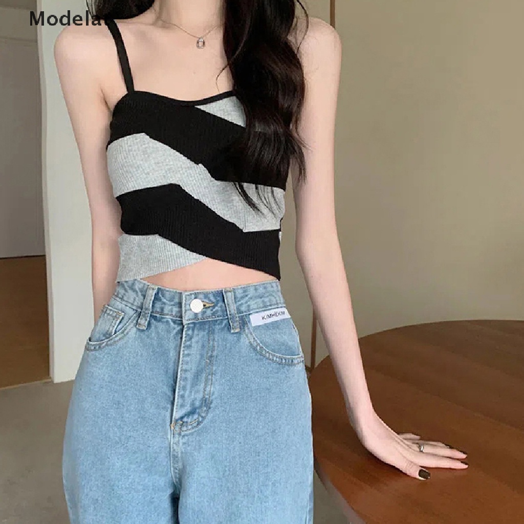 Áo Croptop Dệt Kim Không Tay Dáng Ôm Họa Tiết Kẻ Sọc Màu Sắc Thời Trang Mùa Hè Quyến Rũ Cho Nữ