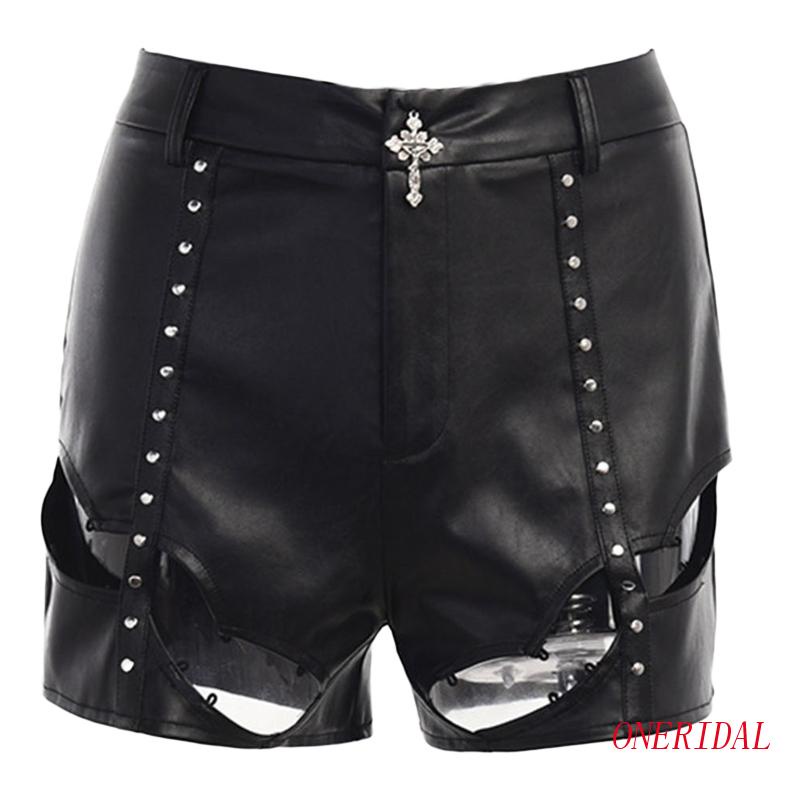Quần Short Da PU Lưng Cao Phong Cách Gothic