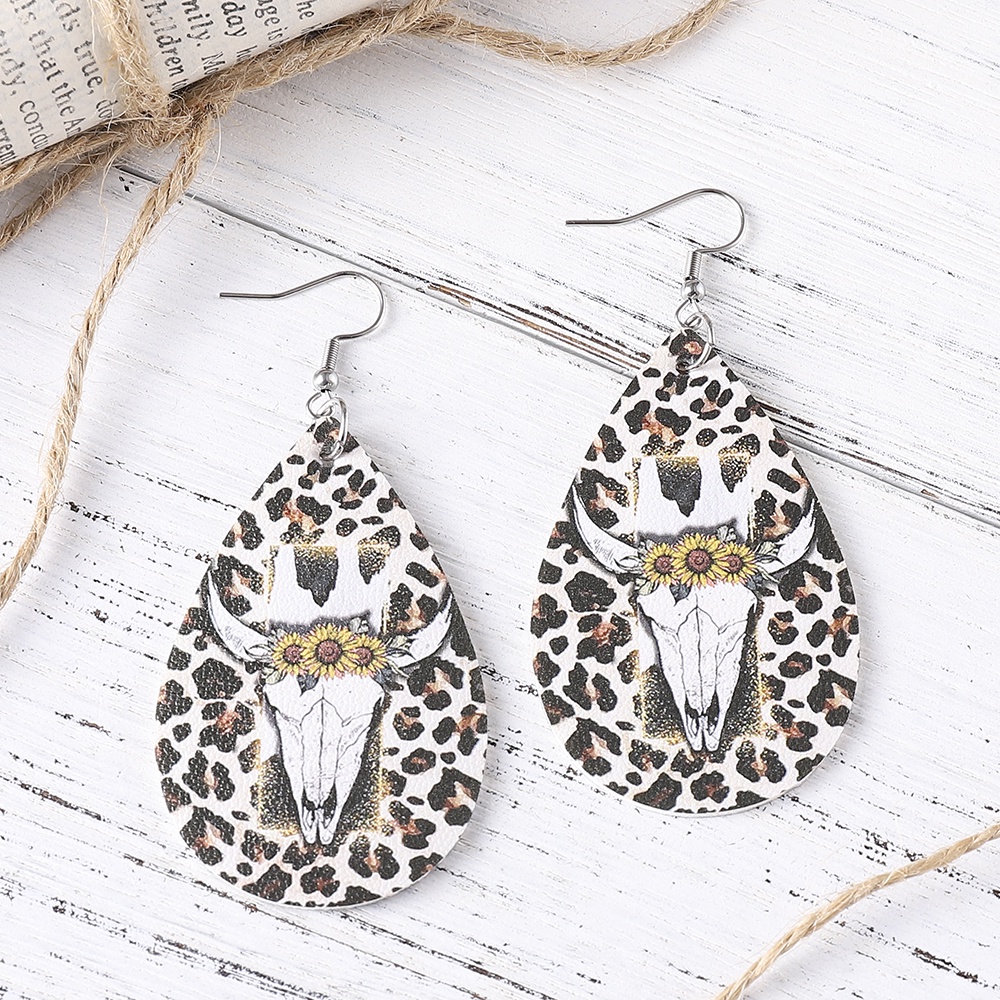 Bông Tai Da Hai Mặt Hình Giọt Nước Họa Tiết Da Báo / Hoa Hướng Dương Phong Cách Vintage