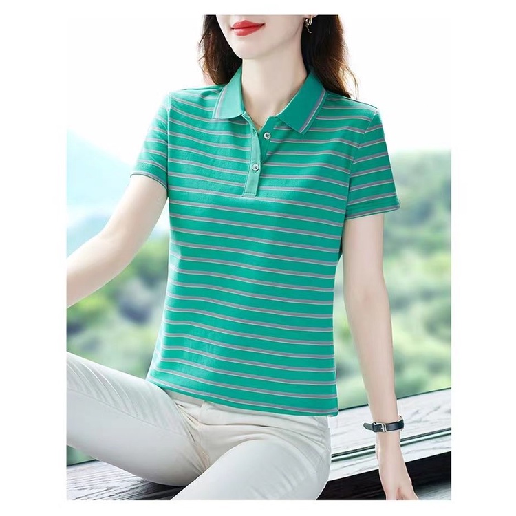 Áo Thun POLO Ngắn Tay Họa Tiết Sọc Thời Trang Dành Cho Nữ