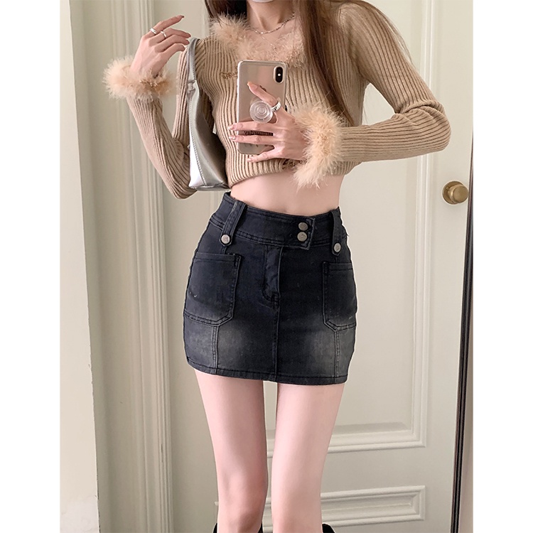 Chân Váy Denim Lưng Cao Thời RENJIANVSHENG Trang Dành Cho Nữ