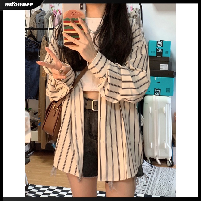 Áo Khoác Cardigan Tay Dài Dáng Rộng Họa Tiết Kẻ Sọc Thời Trang Thanh Lịch Cho Nữ