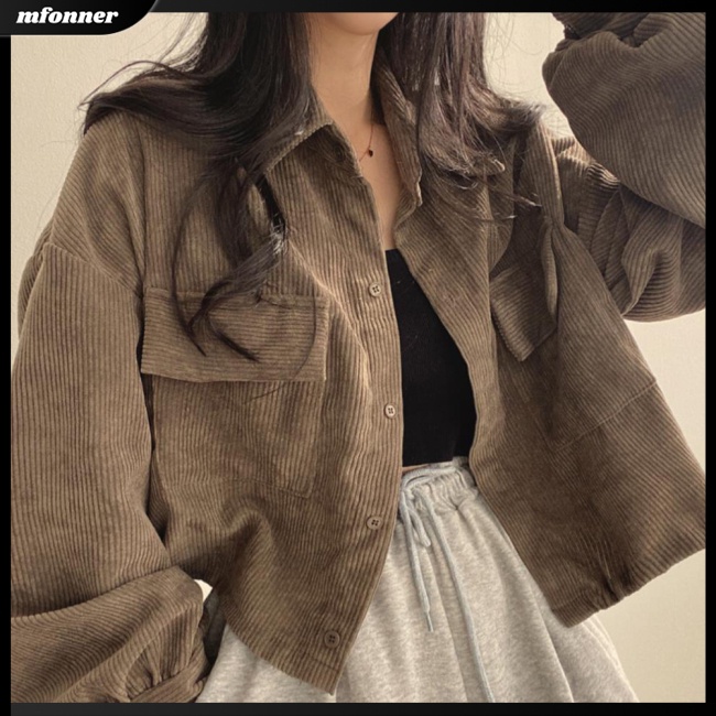 Áo Khoác Sơ Mi Tay Dài Cổ Bẻ Chất Liệu Nhung Dày Dặn Màu Sắc Đơn Giản Phong Cách Retro Cho