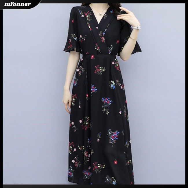 Đầm Chiffon Dài Đến Đầu Gối Tay Ngắn in Họa Tiết Hoa Thời Trang Mùa Hè Xinh Xắn Cho Nữ