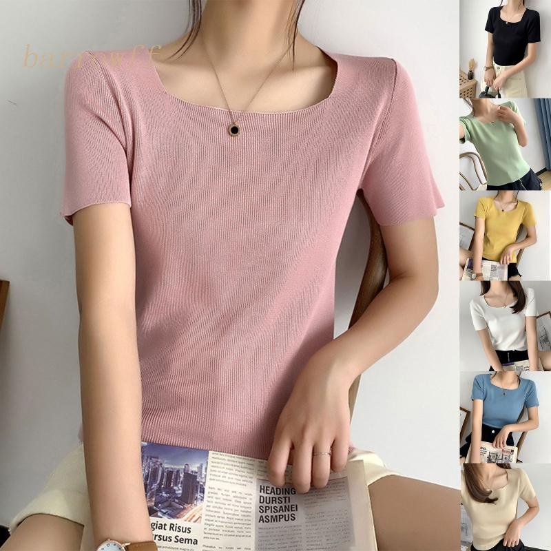 Áo Thun Dệt Kim Tay Ngắn Cổ Vuông Màu Sắc Đơn Giản Thời Trang Cho Nữ