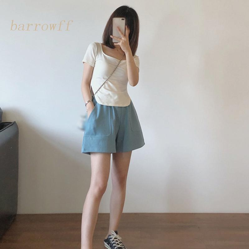 Áo Croptop Cổ Vuông Tay Ngắn Màu Trơn Xẻ Tà Viền Cong Thời Trang Mùa Hè Cho Nữ