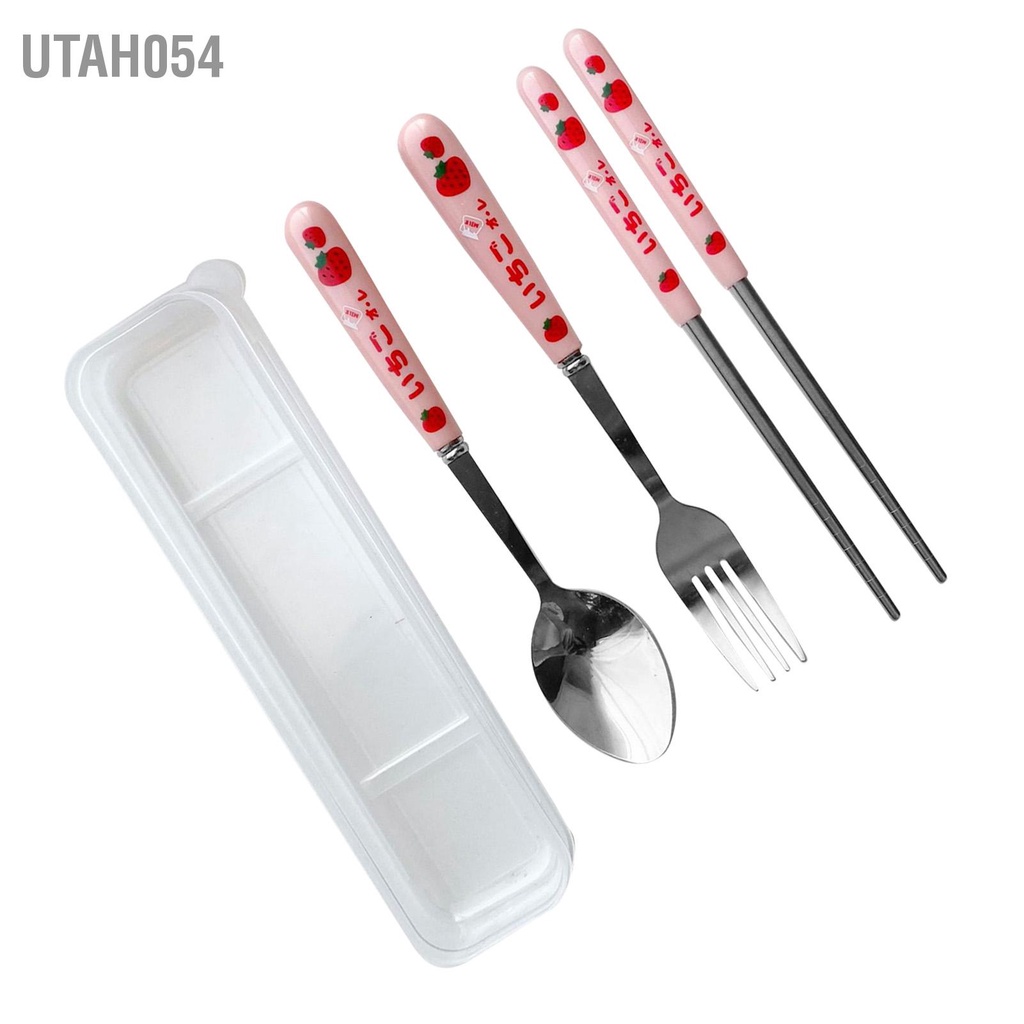 Utah054 Bộ 3 Đồ Ăn Dùng Muỗng Nĩa Đũa Tròn Bằng Thép Không Gỉ Phẳng Dao Kéo Có Hộp Trong Suốt