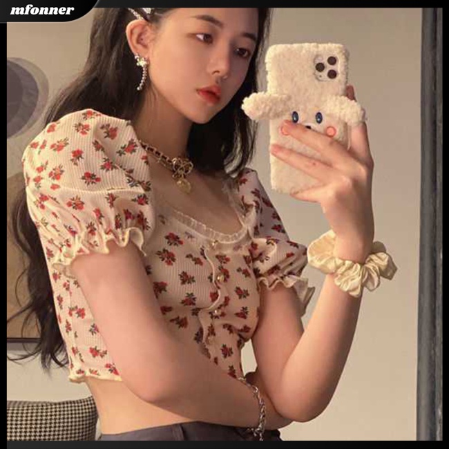 Áo Croptop Cổ Vuông Tay Phồng In Họa Tiết Hoa Phong Cách Retro Cho Nữ