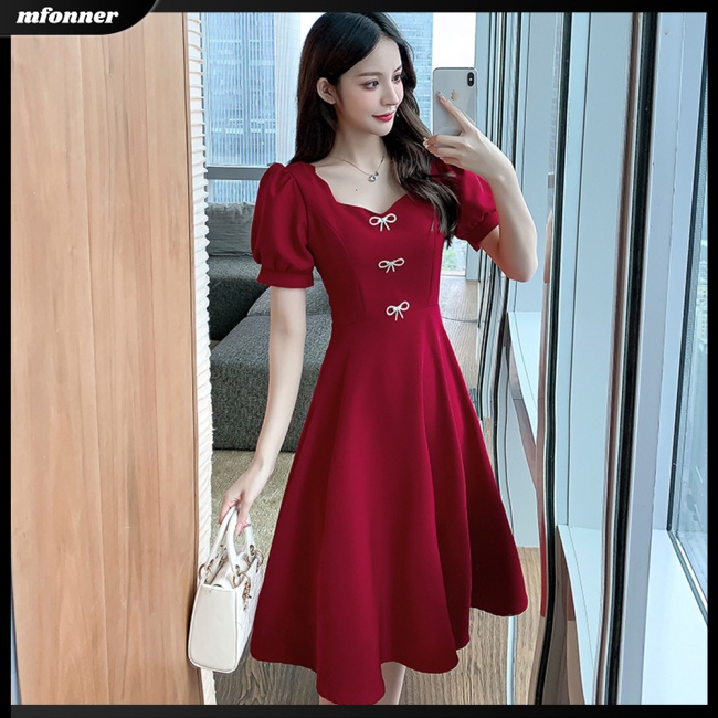 Đầm Chữ A Tay Ngắn Phồng Cổ Vuông Màu Trơn Trang Nhã Dành Cho Nữ