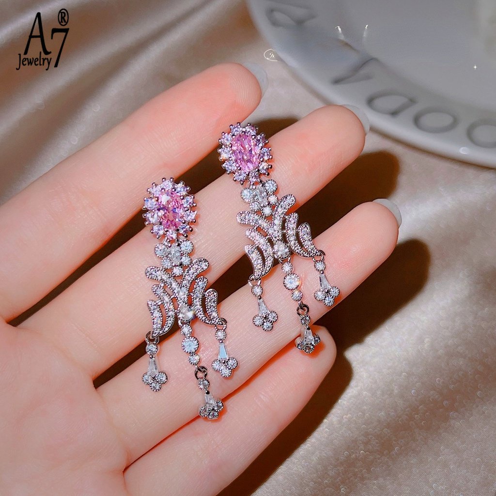 A7 | Bông Tai Dáng Dài Đính Kim Cương Hồng Thời Trang M3453