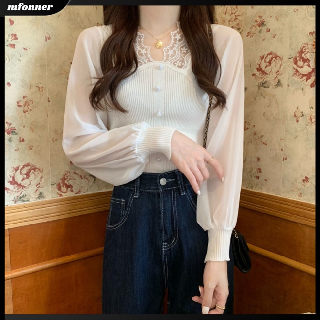 Áo Sweater Dệt Kim Vải Voan Tay Dài Cổ V Đính Ngọc Trai Giả Dễ Thương Cho Nữ