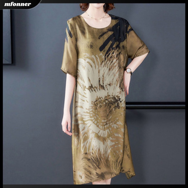 Đầm Midi Tay Ngắn Cổ Tròn Bằng Lụa Lạnh In Họa Tiết Plus Size Cho Nữ