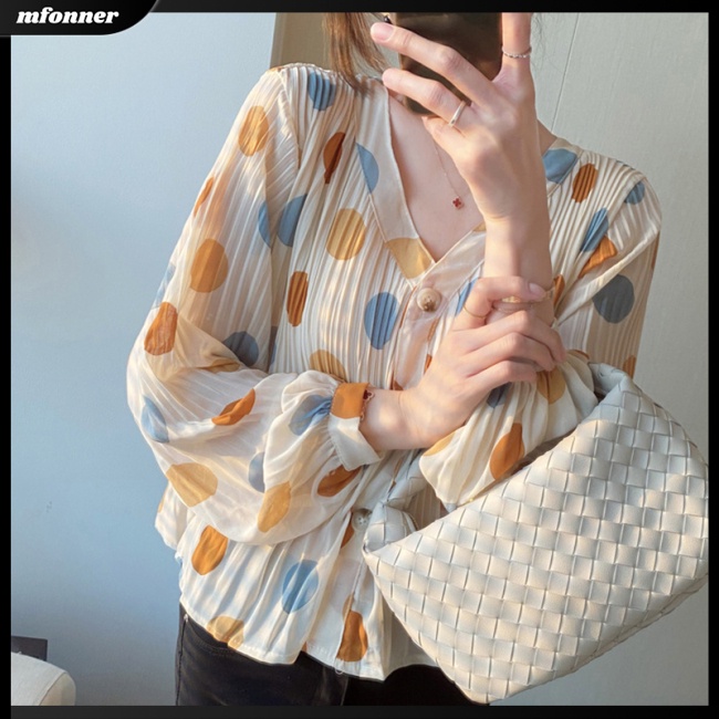 Áo Sơ Mi Chiffon Tay Phồng Cổ Chữ V Form Rộng Họa Tiết Chấm Bi