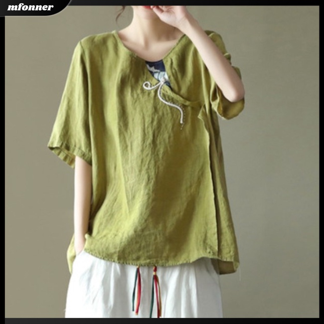 Áo Sơ Mi Tay Ngắn Cổ Tròn Dáng Rộng Màu Sắc Đơn Giản Thanh Lịch Dành Cho Nữ