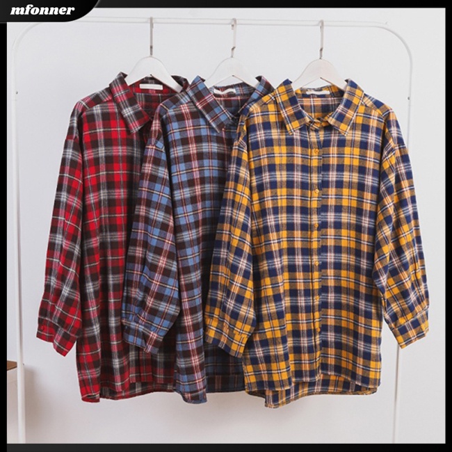 Áo Sơ Mi Nữ Tay Dài Dáng Rộng Họa Tiết Caro Thời Trang