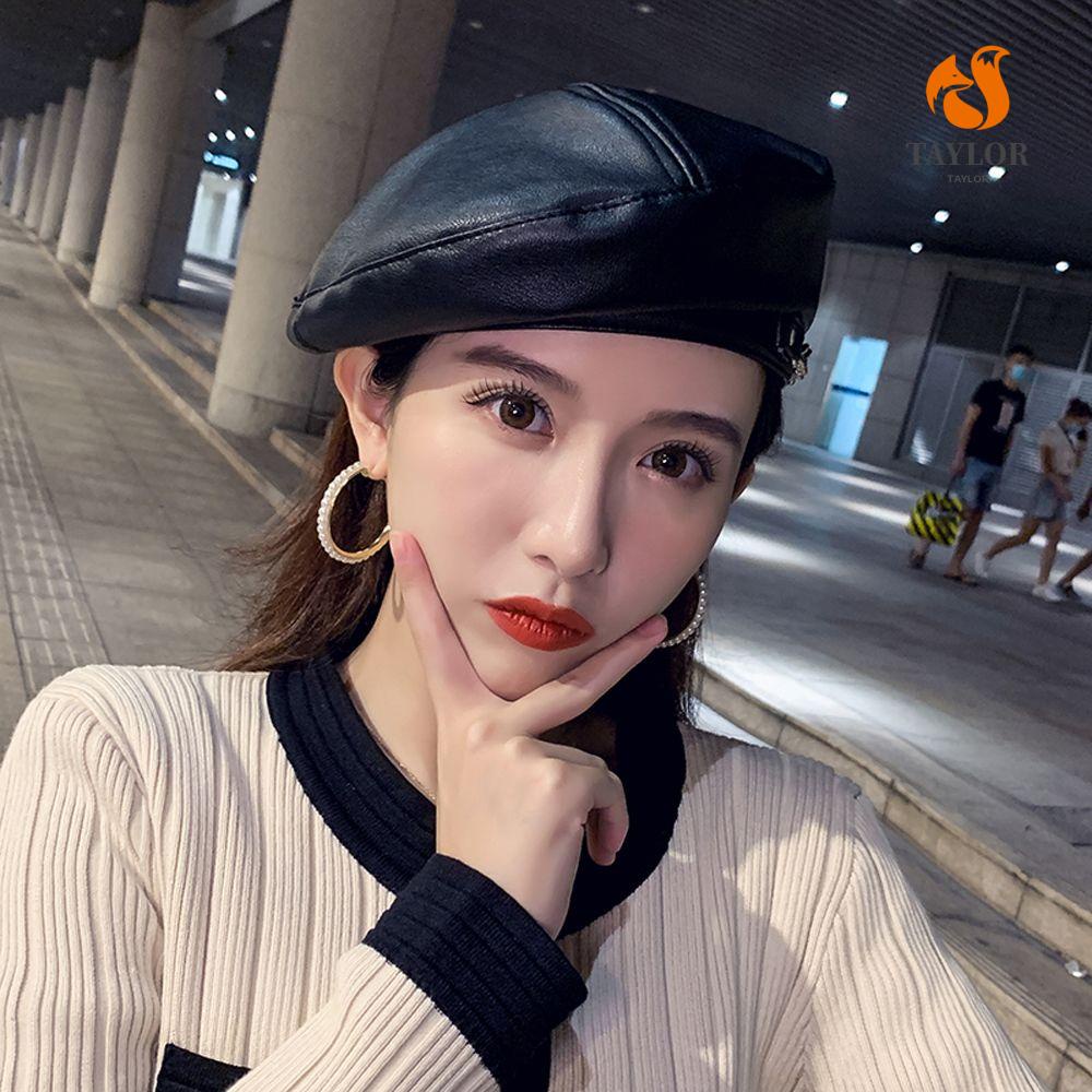 Mũ nồi da PU màu trơn phối dây xích phong cách Hàn Quốc cổ điển thời trang mùa thu cho nữ TAYLOR1