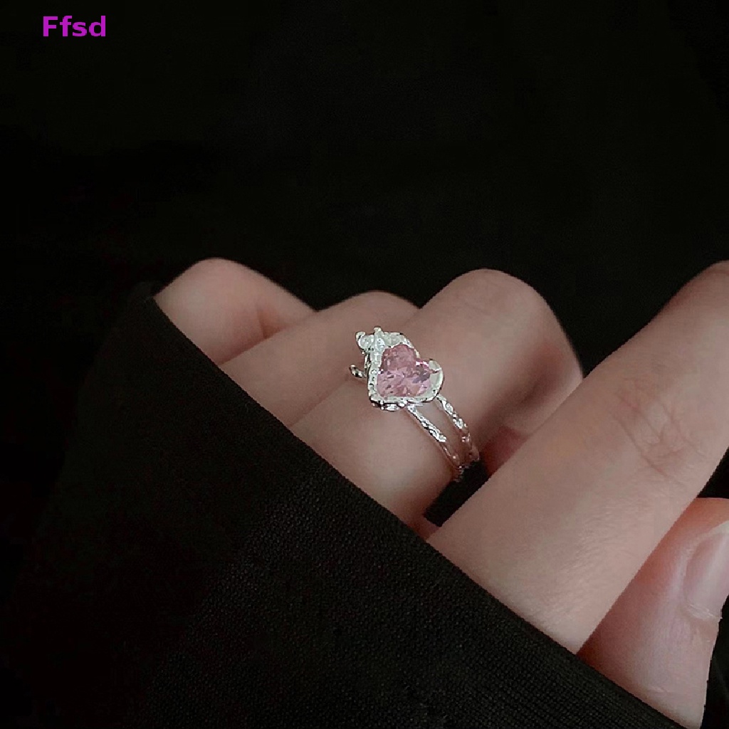 {Ffsd} Nhẫn Hở Hình Trái Tim Pha Lê Hồng Kiểu Hình Học Sáng Tạo Đính Đá Zircon Lấp Lánh Vintage Y2K Bán Chạy Cho Nữ