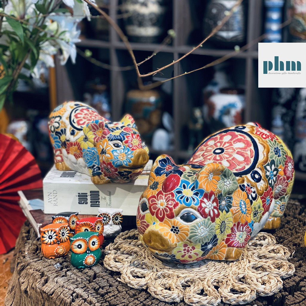 Heo đất bách hoa lưng sen hồng gốm Biên Hoà