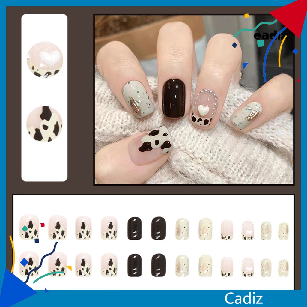 Bộ 24 Móng Tay Giả Đính Đá / Ngọc Trai / Kim Cương Giả / Họa Tiết Bò Sữa Tinh Tế Dễ Tháo Rời DIY