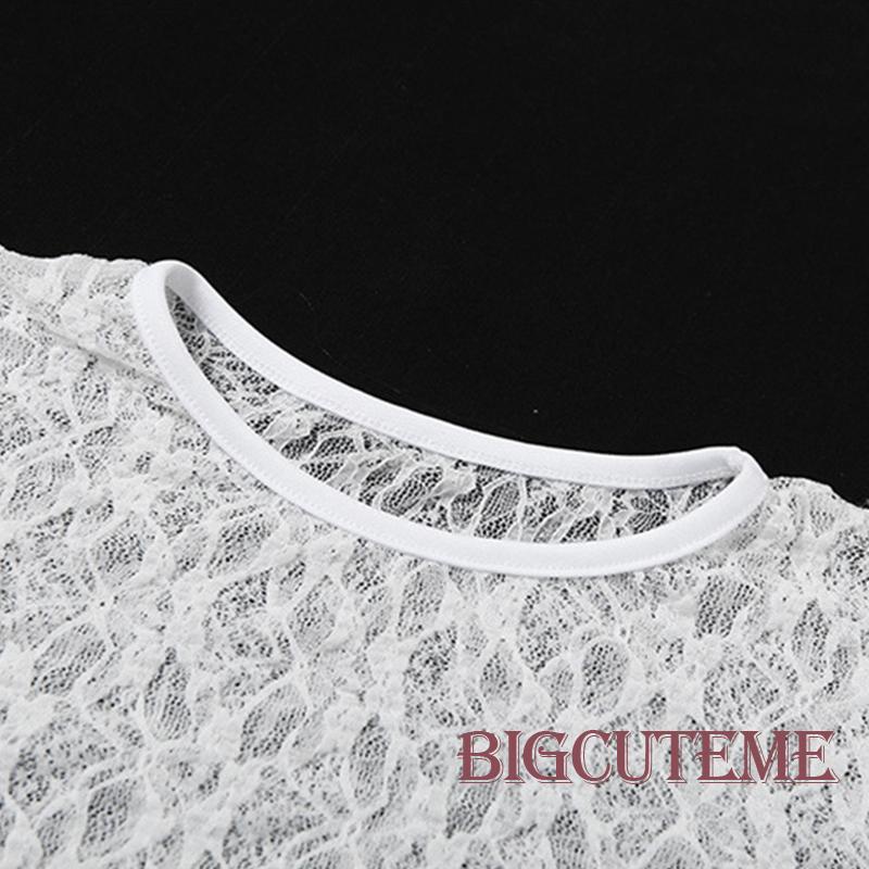 Áo Ren Hoa Tay Ngắn Cổ Tròn Xuyên Thấu Thời Trang Mùa Hè Dành Cho Nữ