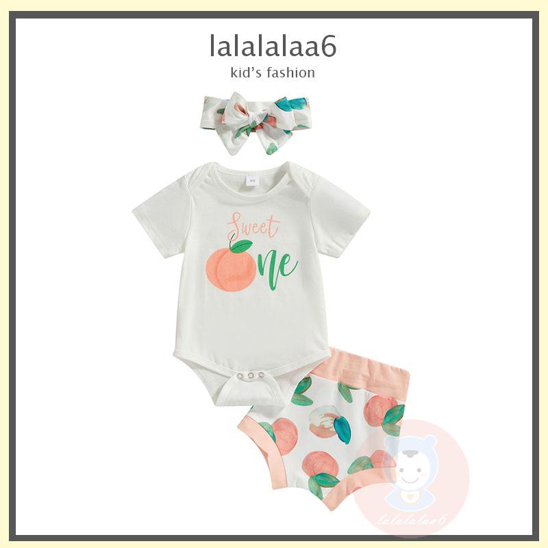 Bộ Áo Liền Quần Cổ Tròn Tay Ngắn + Quần Sooc In Họa Tiết Trái Đào + Băng Đô Cài Tóc Thời Trang Mùa