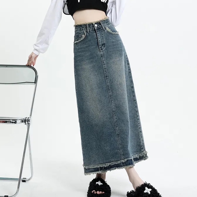 IELGY   Chân váy jean Chữ a Lưng Cao Dáng Rộng Thời Trang Cho Nữ