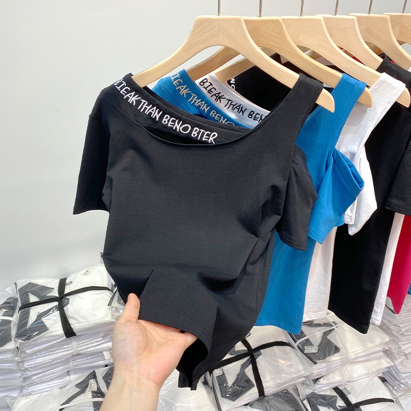 3614#Áo Thun Cotton Ngắn Tay Hở Vai Dáng Ôm Thêu Họa Tiết Thời Trang Mùa Hè 2023 Mới