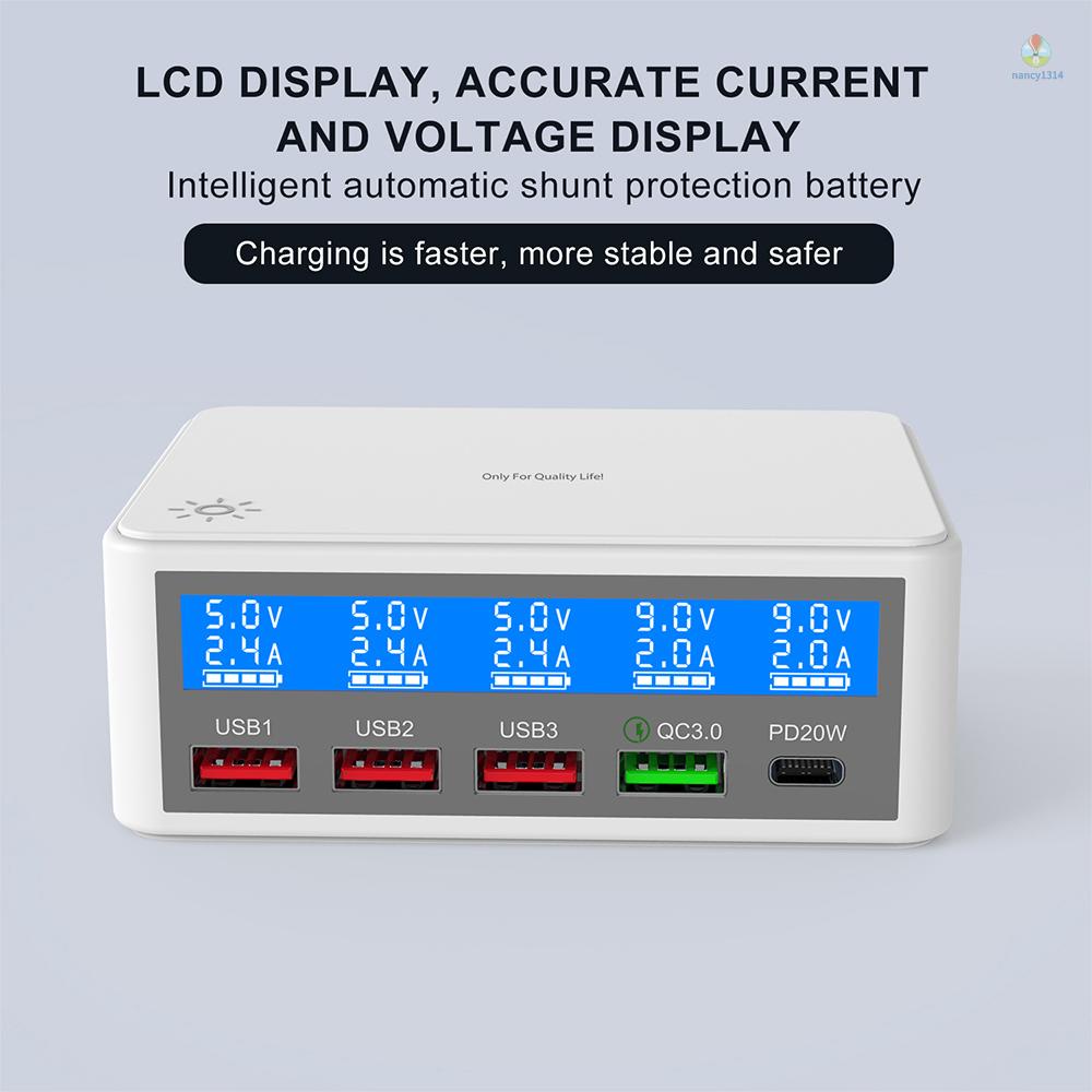 Bộ Sạc USB 65W 5 Cổng Với Màn Hình LCD PD 20W + QC3.0 Nhiều Cổng Sạc Nhanh Cho Điện Thoại / Máy Tính Bảng