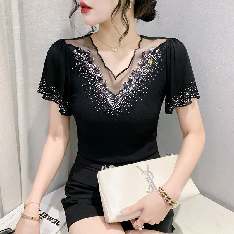 Áo Thun Ngắn Tay Phối Bèo Đính Đá Thời Trang Cho Nữ áo kiểu trễ vai áo lưới dài tay