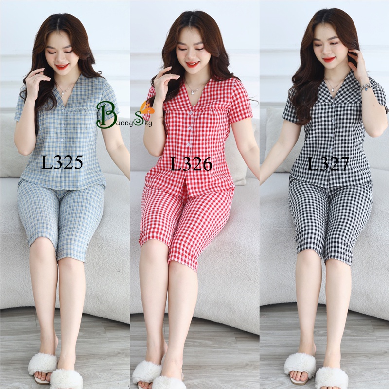 đồ bộ mặc nhà nữ, đồ bộ (BunnySky) thiết kế mẫu cổ V khuy cài họa tiết caro, chất liệu thô kẻ