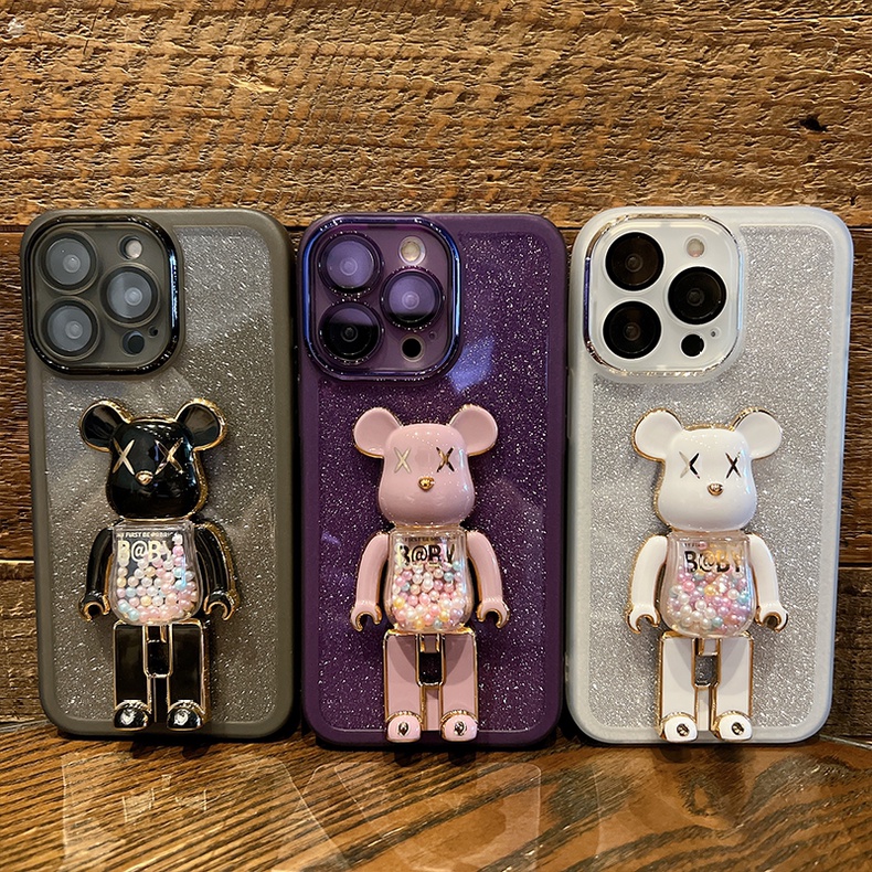 Ốp Điện Thoại iPhone 14 13 12 11 Pro max 14 plus Silicon case ốp lưng điện thoại iphone 14promax Nhựa Dẻo Mạ Màu Kim Tuyến Sang Trọng Có Giá Đỡ Hình Gấu Viền Lượn Sóng Cho iP 11 12 13 14 Pro max 14 plus