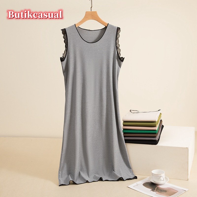 Đầm midi Cotton Cổ Tròn Dáng Rộng Phối Ren Thoải Mái Thời Trang Mùa Hè Cho Nữ
