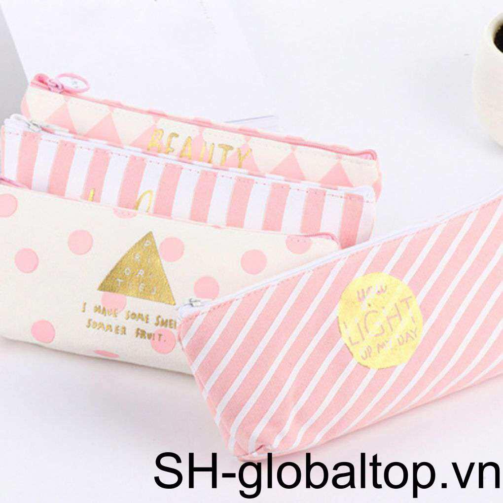 Túi Đựng Bút Bằng Vải Canvas Hoa Văn Kẻ Sọc Tiện Dụng Ốp