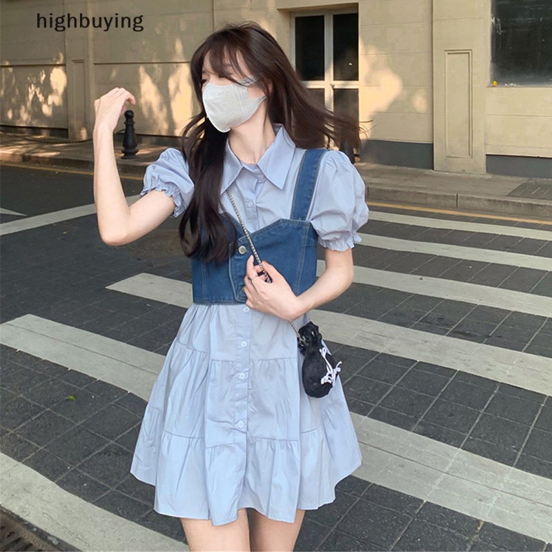 Set Đầm Denim Và Áo Sơ Mi Tay Phồng Phong Cách Vintage Thời Trang Hè 2023 Cho Nữ