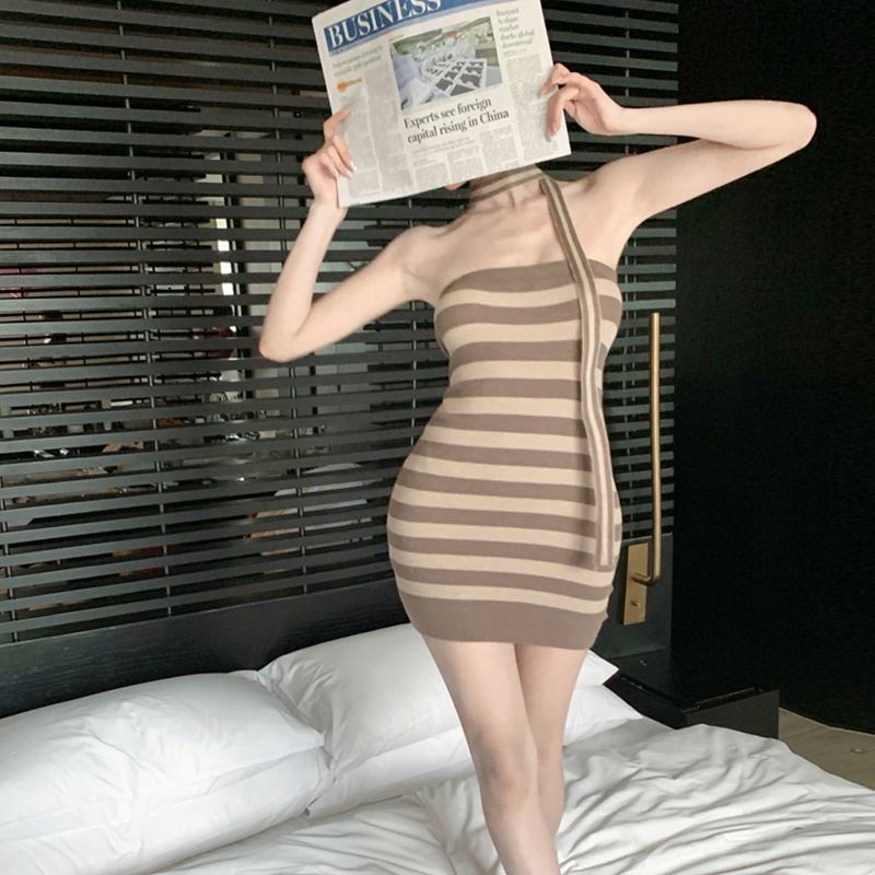Đầm Dệt Kim Mini Dáng Ôm Họa Tiết Kẻ Sọc Phối Màu Thời Trang Cho Nữ