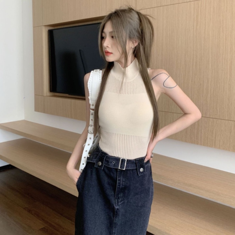 COZOK Áo Dệt Kim Sát Nách Cổ Cao Phối Lưới Quyến Rũ Cho Nữ