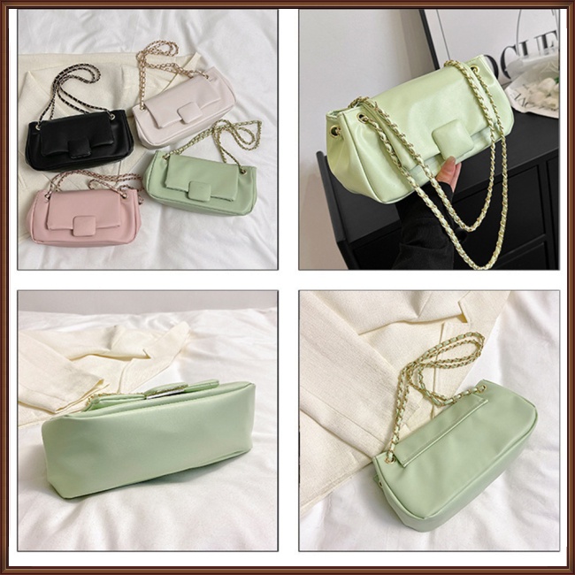 Túi Đeo Chéo Da Pu Màu Trơn Phối Dây Xích Thời Trang Cho Nữ