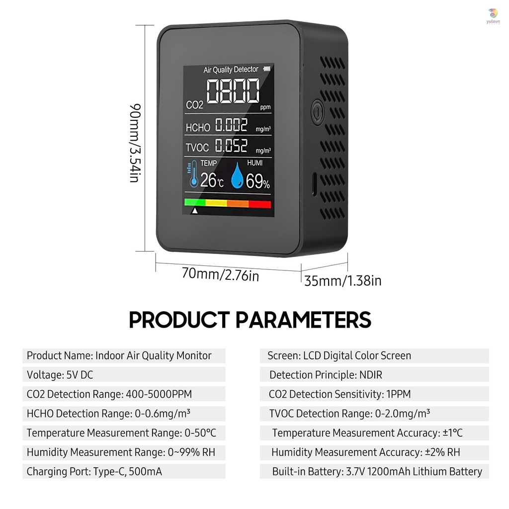 Thiết Bị Kiểm Tra Độ Ẩm Không Khí CO2 5 Trong 1 Formaldehyde HCHO TVOC Có Màn Hình LCD Sạc CO2 Cho Phòng Làm Việc Nhà Kính