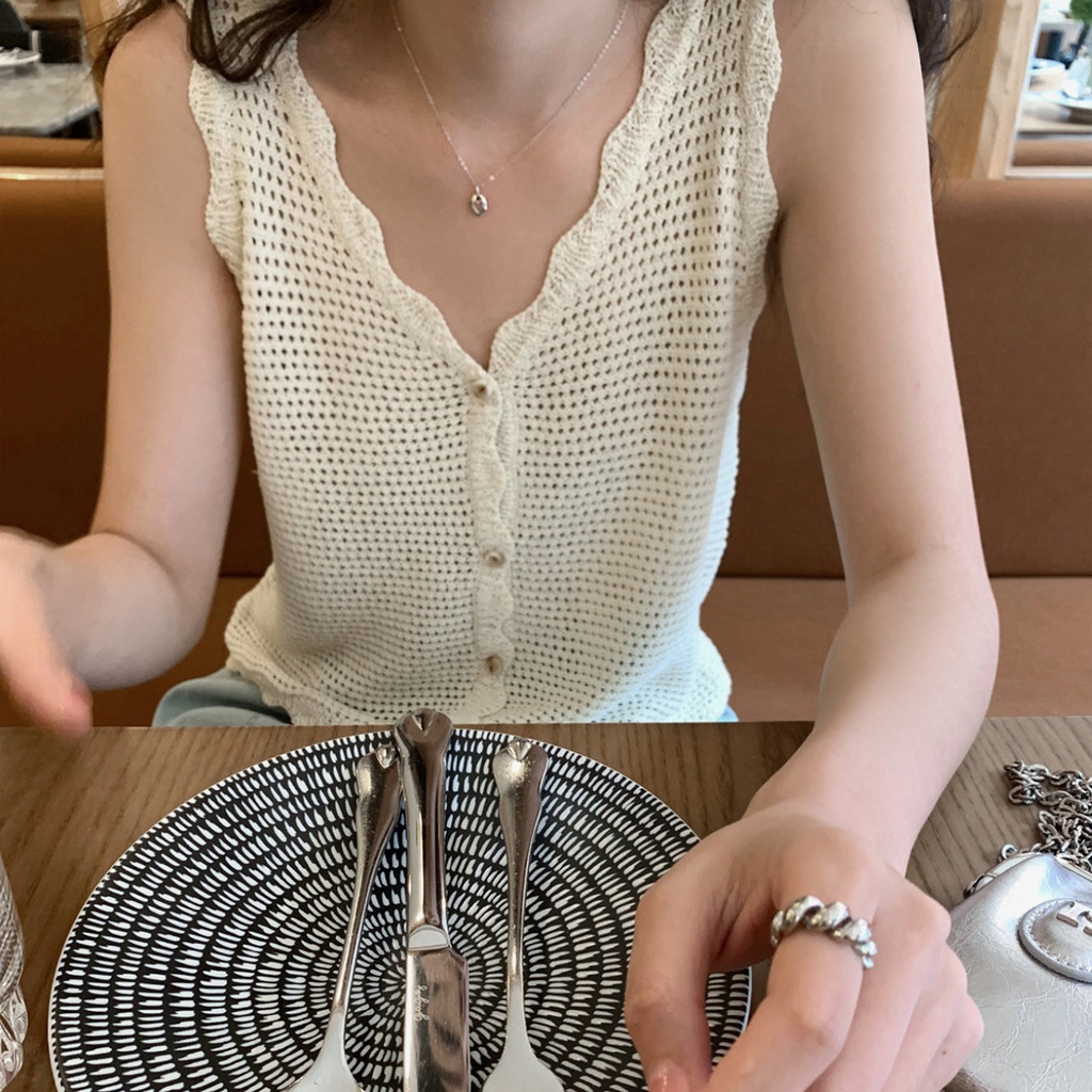 Yi En Ou Áo Khoác Cardigan Dệt Kim Không Tay Viền Lượn Sóng Thời Trang Mùa Hè Kiểu Mới Dành Cho Bạn Nữ