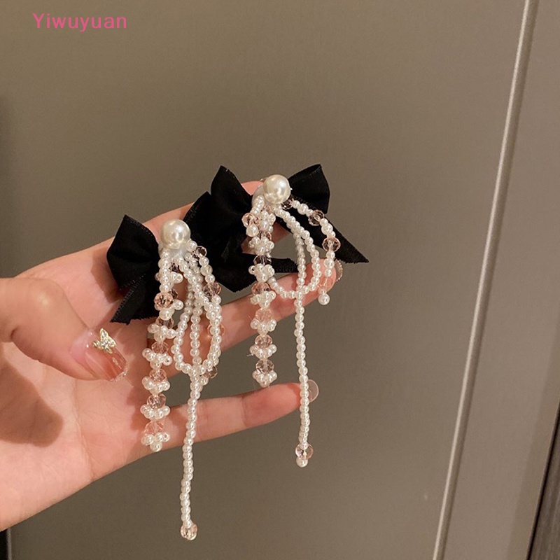 < Yiwuyuan > Bông Tai Bạc S925 Dáng Dài Đính Ngọc Trai Và Nơ Tua Rua Cá Tính Mới