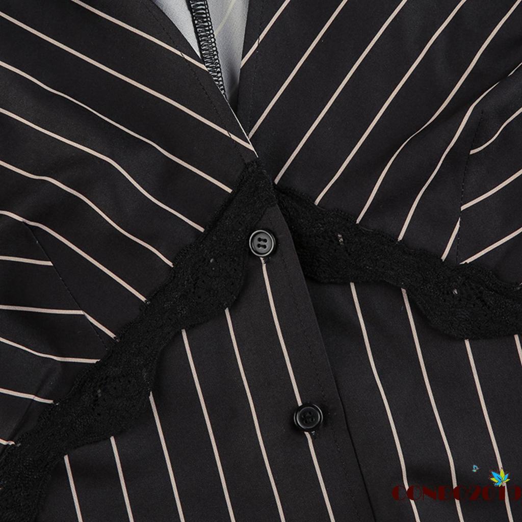 Áo Thun Tay Loe Cổ Chữ V Họa Tiết Kẻ Sọc Thời Trang Dành Cho Nữ