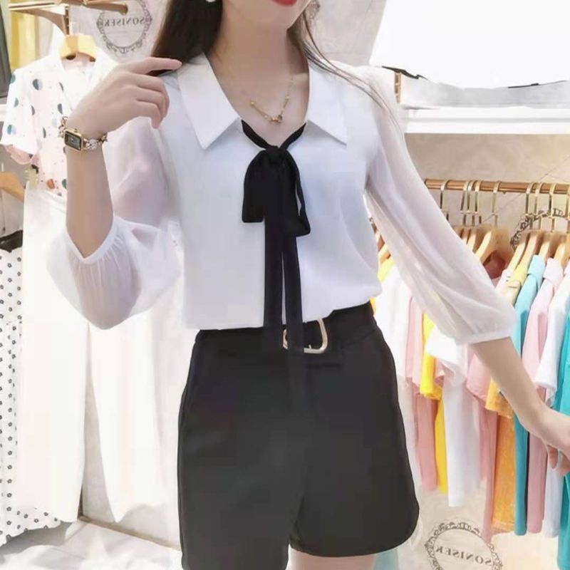 Áo Sơ Mi chiffon Tay Lỡ Thắt Nơ Thời Trang Mùa Hè Cho Nữ
