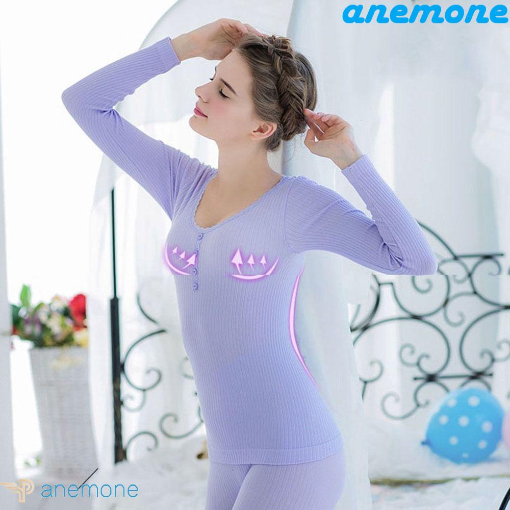 Bộ Đồ Lót Giữ Nhiệt Cổ Tròn Tay Dài Màu Trơn Họa Tiết Kẻ Sọc Đơn Giản Thời Trang Mùa Đông Cho Nữ