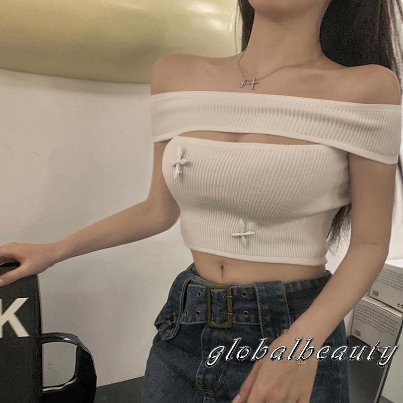 Áo Croptop Dệt Kim Không Tay Cổ Yếm In Họa Tiết Chéo Màu Trắng / Đen / Xanh Dương Thời Trang Mùa Hè