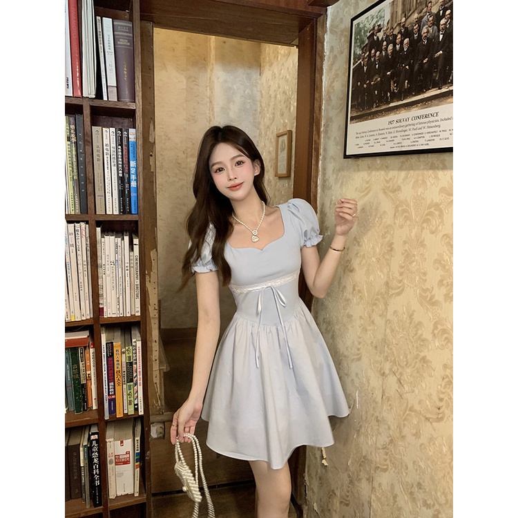 Đầm Dài Dệt Kim Tay Phồng Cột Nơ Phối Họa Tiết Xinh Xắn Thời Trang Cho Nữ