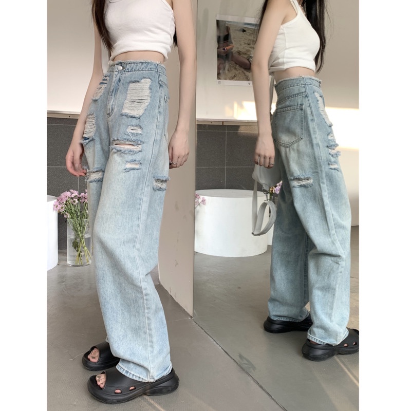 Quần Jean Nữ Lưng Cao Ống RENJIANVSHENG Rộng Rách Gối Cá Tính