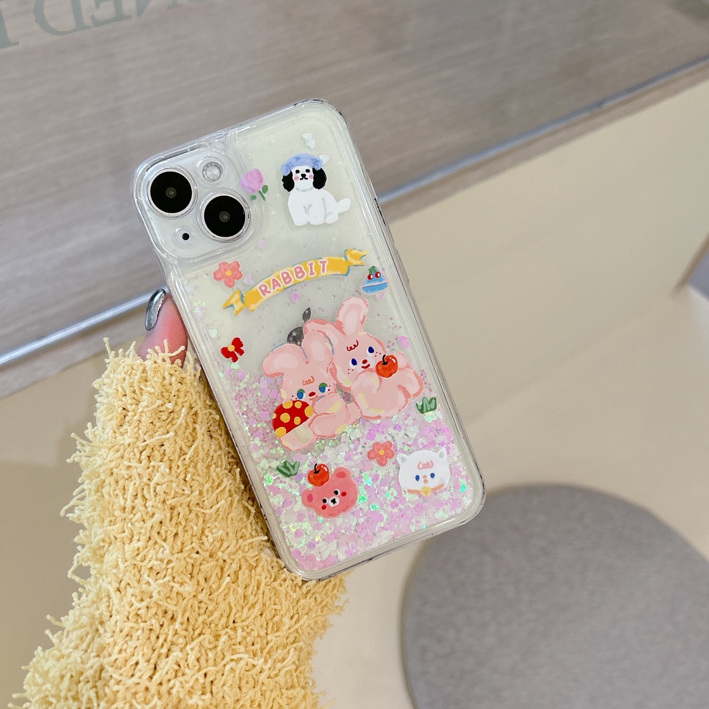 Ốp Điện Thoại PC Cứng Họa Tiết Thỏ Hoạt Hình Phối Cát Lún Lấp Lánh Chống Sốc Cho iPhone11 12 13 14 Pro Max